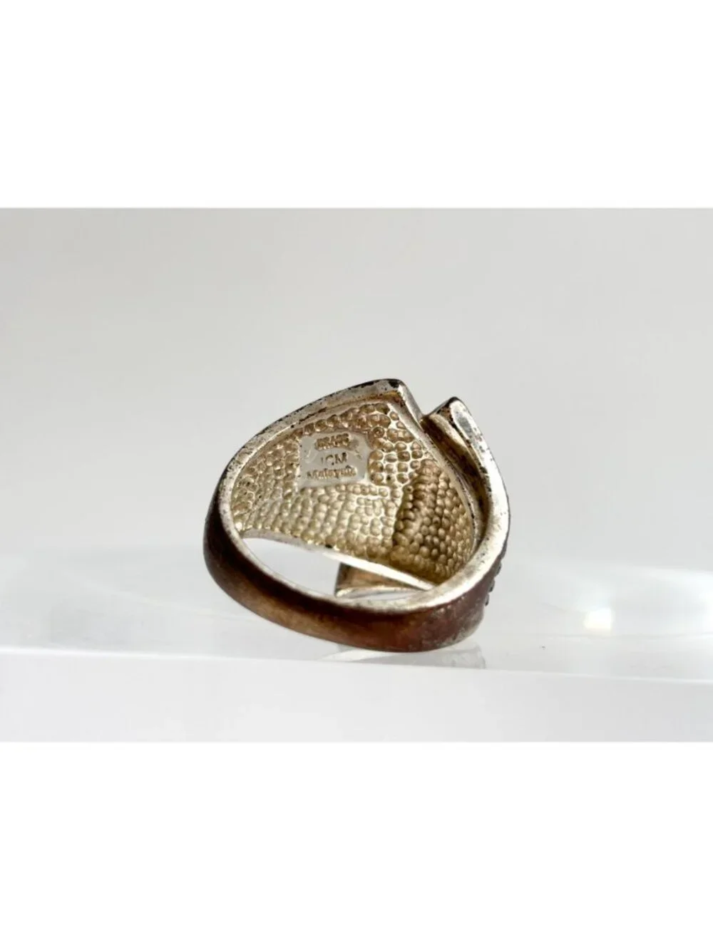 Modernist Folded Multi Rhinestone Brass Plated Malaysian Vintage Ring - sz 8